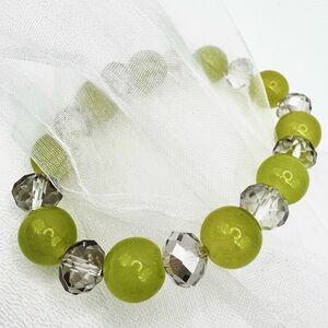 🟢 5/$20 Chartreuse Green Silver Glass Beaded Bracelet COOL Fresh BOHO Stack EUC